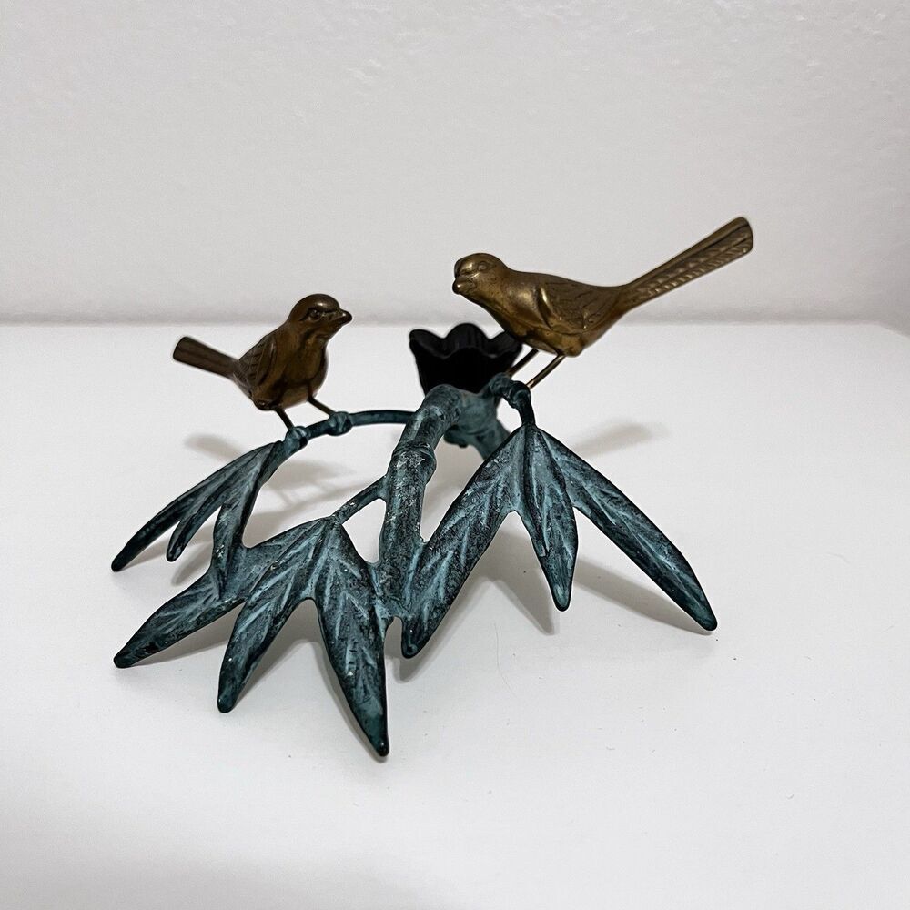 Andrea by Sadek Brass Birds on Bamboo Candle Holder Figurine